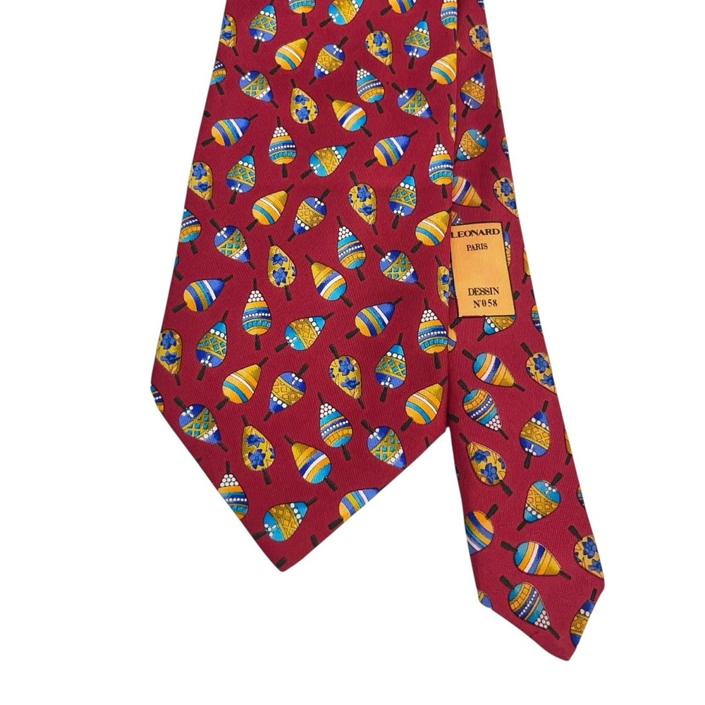 Leonard Paris Men's Tie Geometric Floral Red N. 058 Silk 3.75" (W) x 56" (L) guc